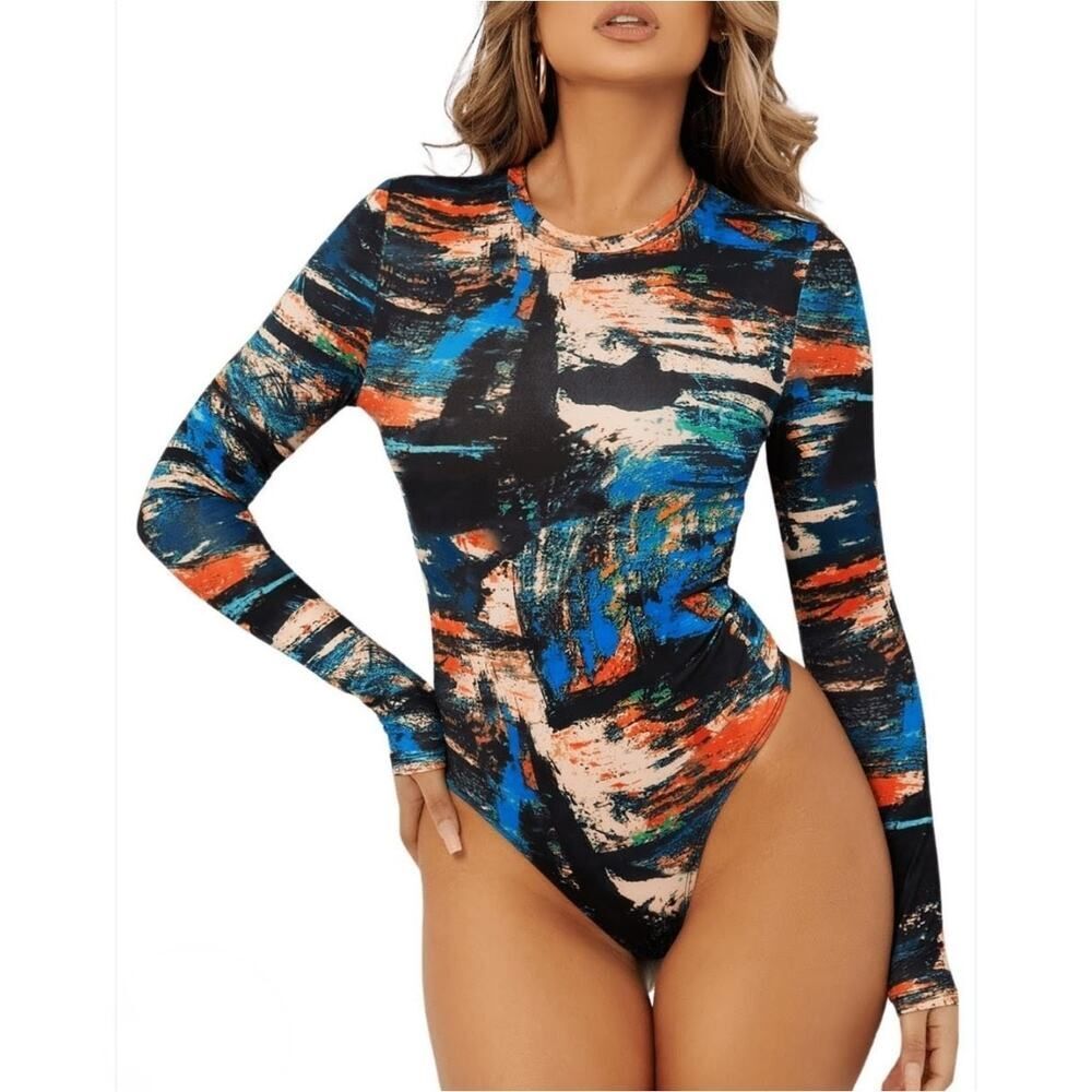 Shein abstract print crewneck long sleeve cheeky bodysuit sz M